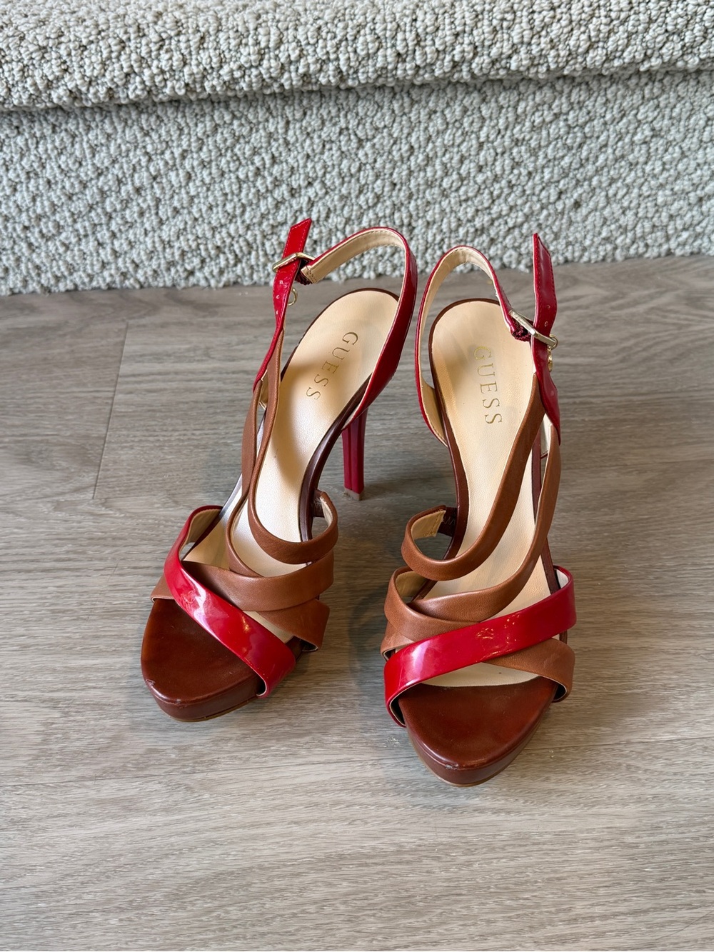 GUESS Red and Brown Patent Strappy High Heel Sandals